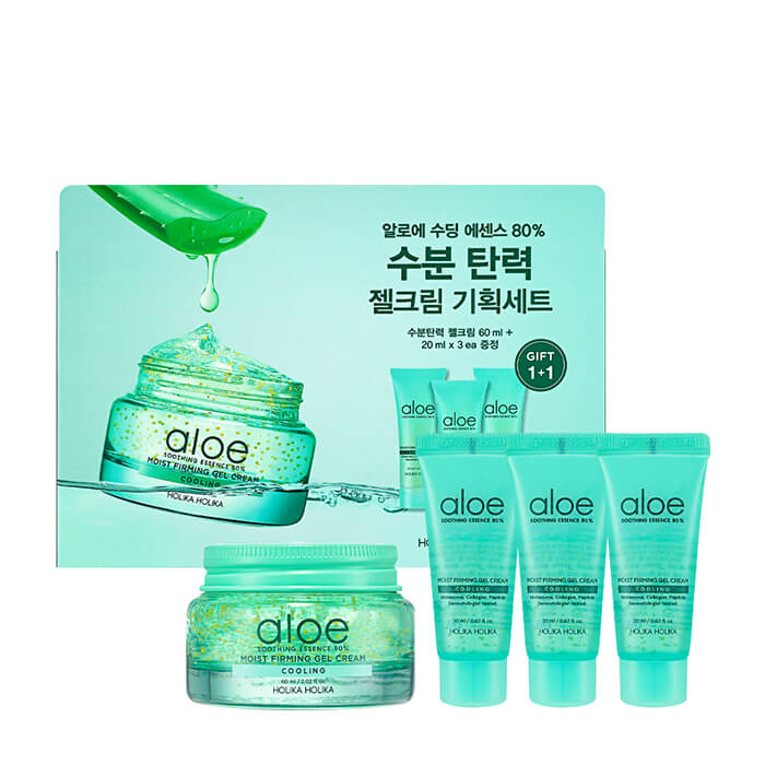 

Гель-крем для лица Holika Holika Aloe Soothing Essence 80% Moist Firming Gel Cream Set (60 мл + 3 миниатюры), Набор гель-кремов для кожи лица с 80% содержанием экстракта сока алоэ вера