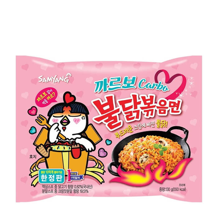 

Лапша быстрого приготовления Samyang Hot Chicken Flavor Ramen Carbo (130 г), Лапша быстрого приготовления со вкусом жареной курицы и соуса карбонара (острая)
