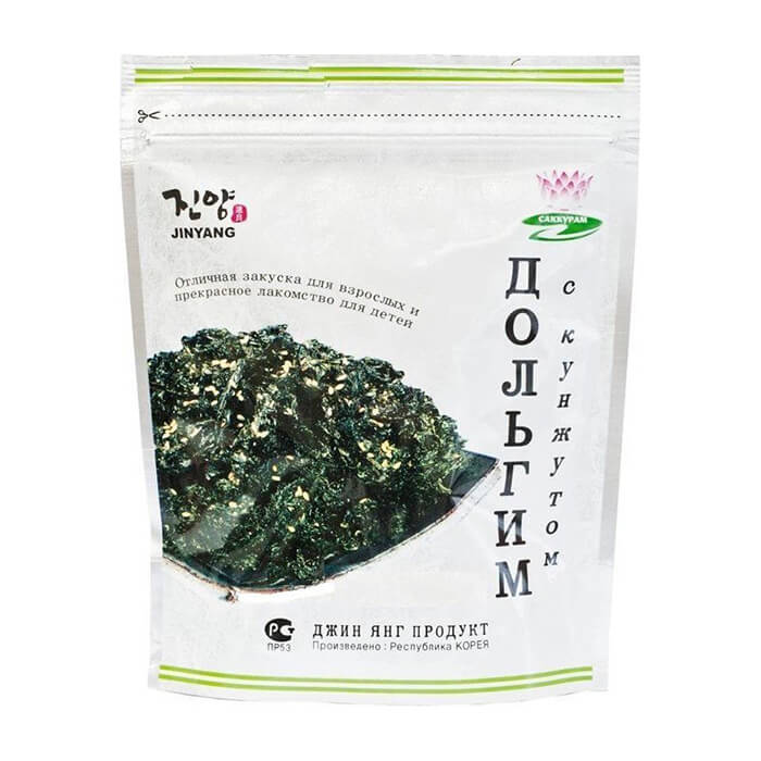 

Морская капуста Jin Yang Дольгим с кунжутом, Тонкие хрустящие пластинки сушеной морской капусты в кунжутном масле с кунжутом