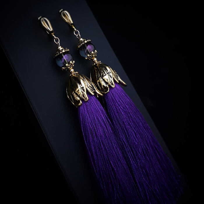 

Серьги-кисти Wizard Brush - Lilac, Сиреневые шёлковые серьги-кисти со вставкой из горного хрусталя